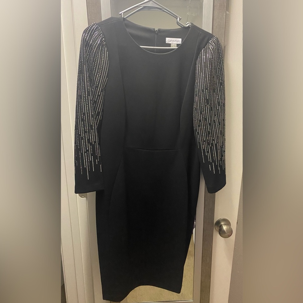Calvin Klein Black Dress with Embellished Quarter Sleeves